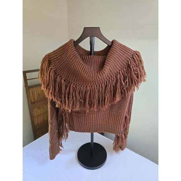 Sweaters - Willow + Root Brown Fringe Cable Knit Off Shoulder Sweater Boho Western Medium